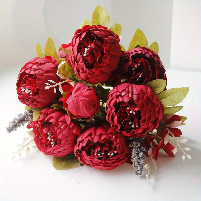 13-Head Artificial Peony Bouquet with Realistic Blooms & Lush Green Foliage - UV-Resistant Plastic Flowers with Sturdy Stems, Multi-Color Options (Pink, Red, White, Blue, Purple, Yellow, Lavender, Peach, ) for Weddings, Home, Garden, Office Decor - Indoor