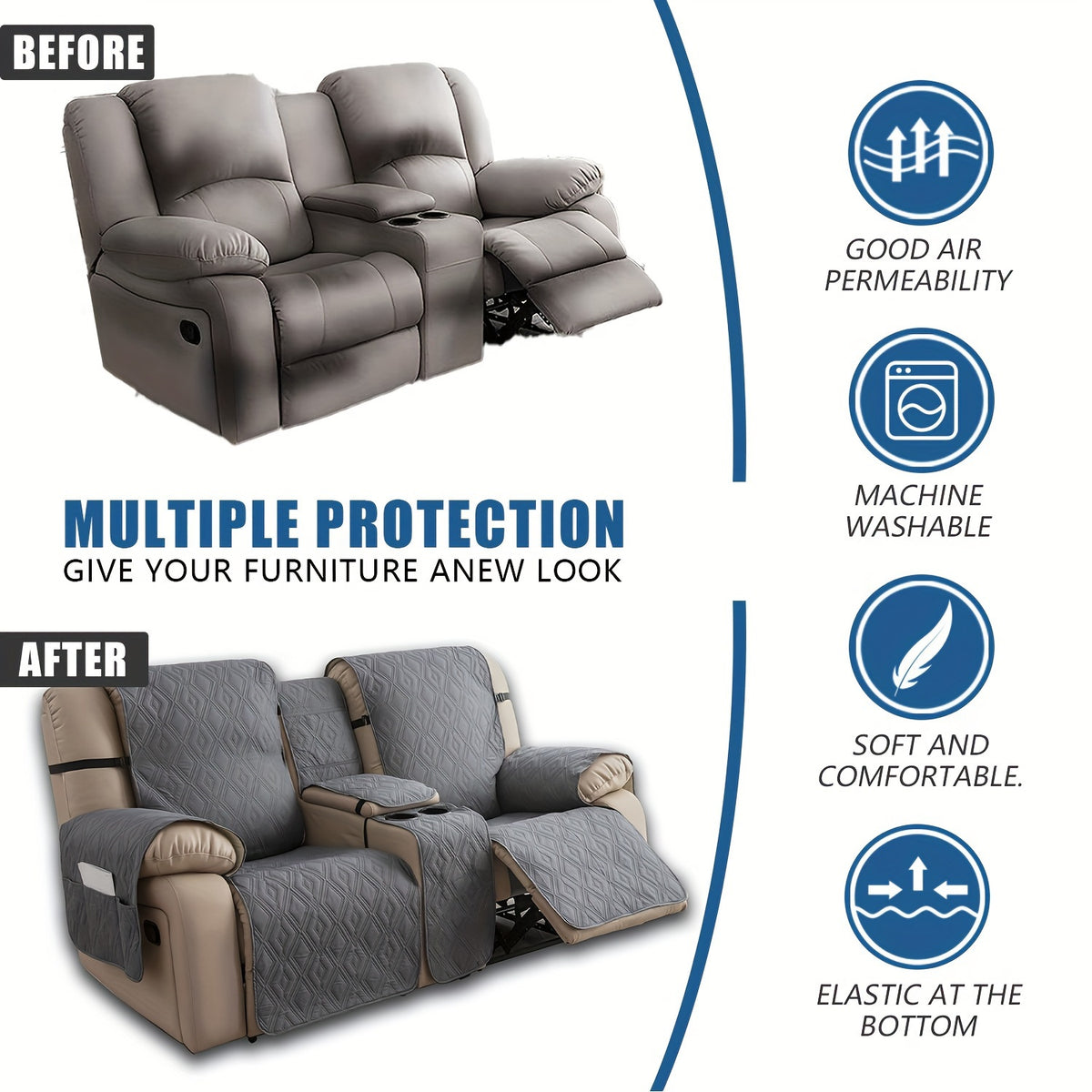 4pcs/set Loveseat Recliner Cover with CenterConsole|100% Waterproof Pet Coverfor Dual Recliner with Straps Design|Split Reclining Loveseat Cover Furniture Pet Protector, Valentine's Day Home Decorations