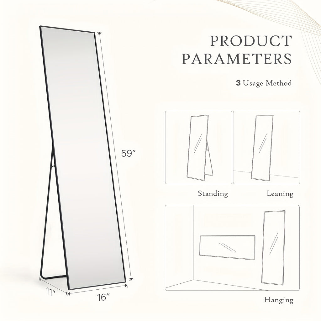 Mirror Full Length, Floor Mirror with Stand, Aluminum Alloy Frame Full Body Mirror, Standing Hanging or Leaning Against Wall for Bedroom and Living Room