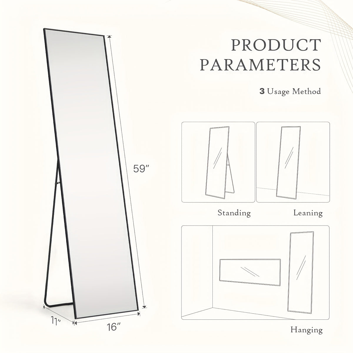 Mirror Full Length, Floor Mirror with Stand, Aluminum Alloy Frame Full Body Mirror, Standing Hanging or Leaning Against Wall for Bedroom and Living Room