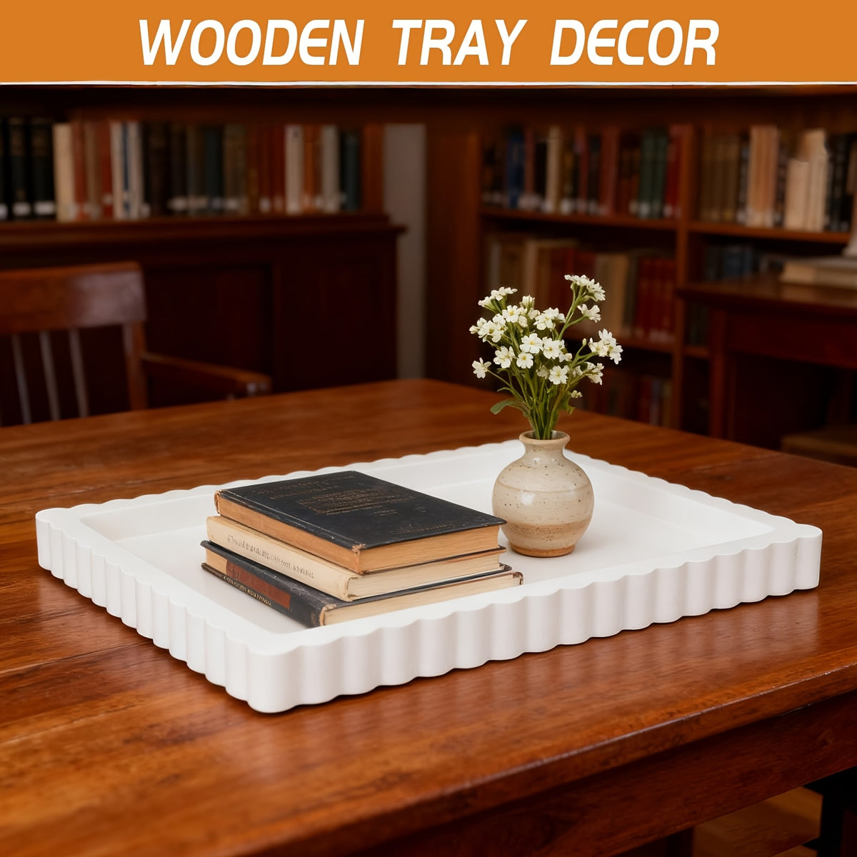 Fluted Wood Decorative Tray, Black or White Round and Square Options for Coffee Table Centerpieces, Jewelry Organization and Modern Living Room Decor