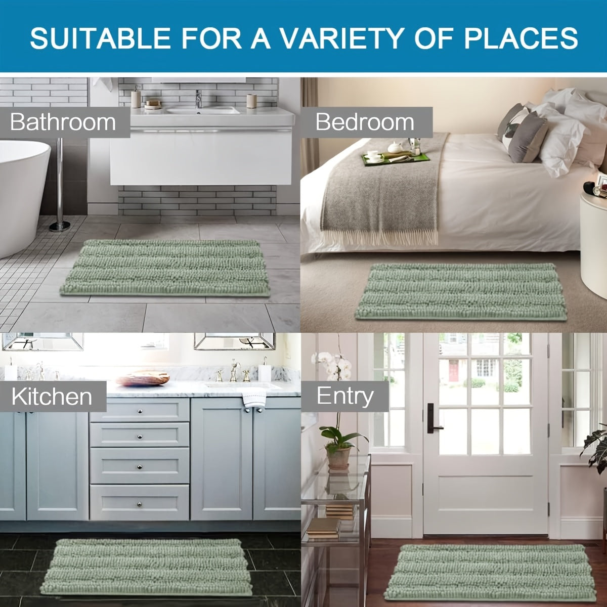 Striped Chenille Bath Mat Set, 2-Piece Thick Shaggy Non-Slip Bathroom Rugs in 20 x 31.9 and 16.9 x 24 Inch Sizes with Thirteen Color Options