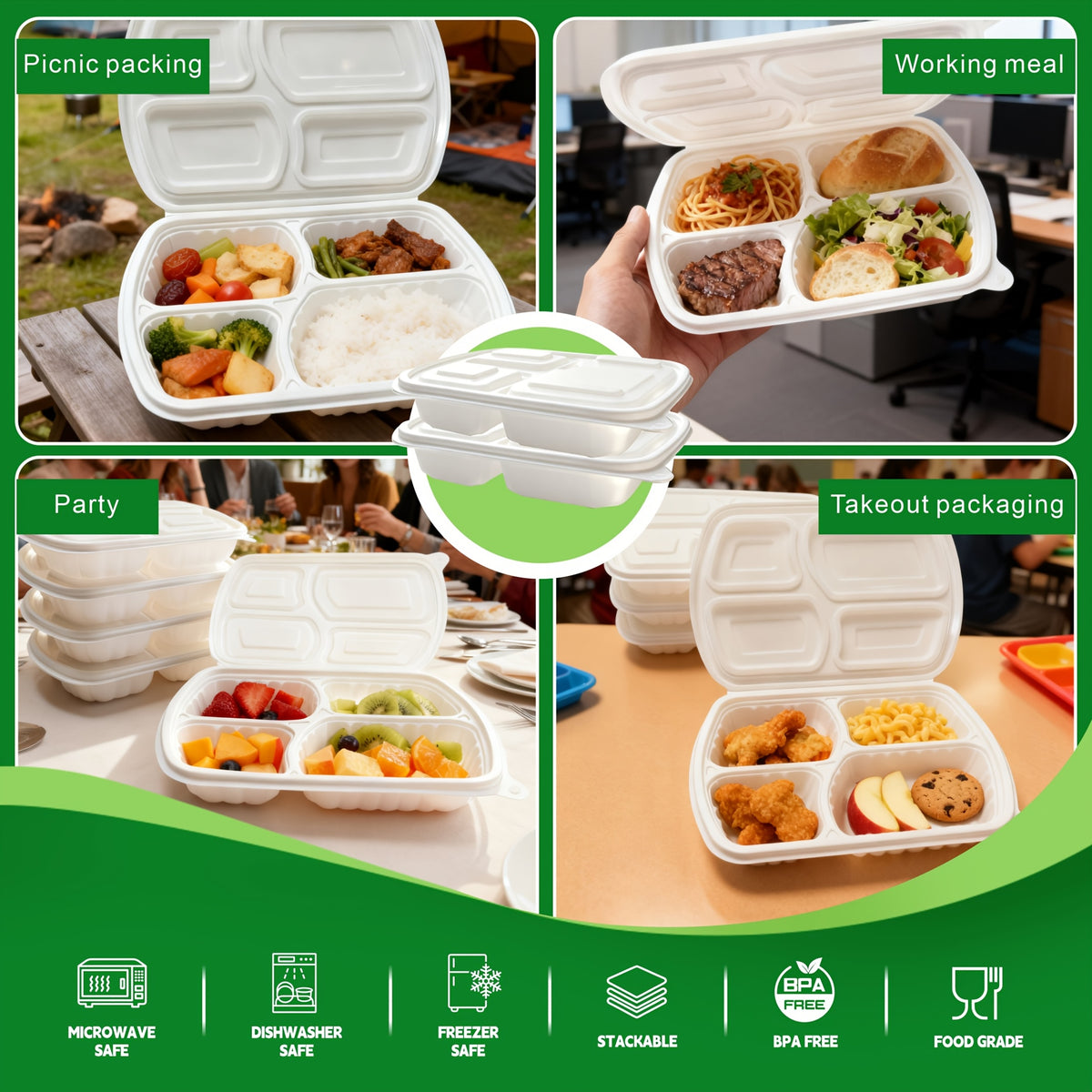 50-Pack 4-Compartment White Clamshell Meal Prep Containers, Disposable Bento Box, Food Storage Container, Bpa-Free, Stackable, Portion Control, Freezer/Microwave Safe, Great for Labor Day, Picnics, Parties & Outdoor Events, Local Warehouse