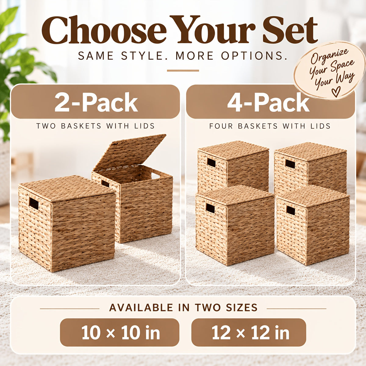 2pcs/4pcs Hyacinth Wicker Baskets Woven Baskets for Storage Baskets for Shelves Water Hyacinth Wicker Storage Basket Square Cub Natural Rattan Basket for Towels, S, Magazines and Kitchen Organizati, Shelf Baskets