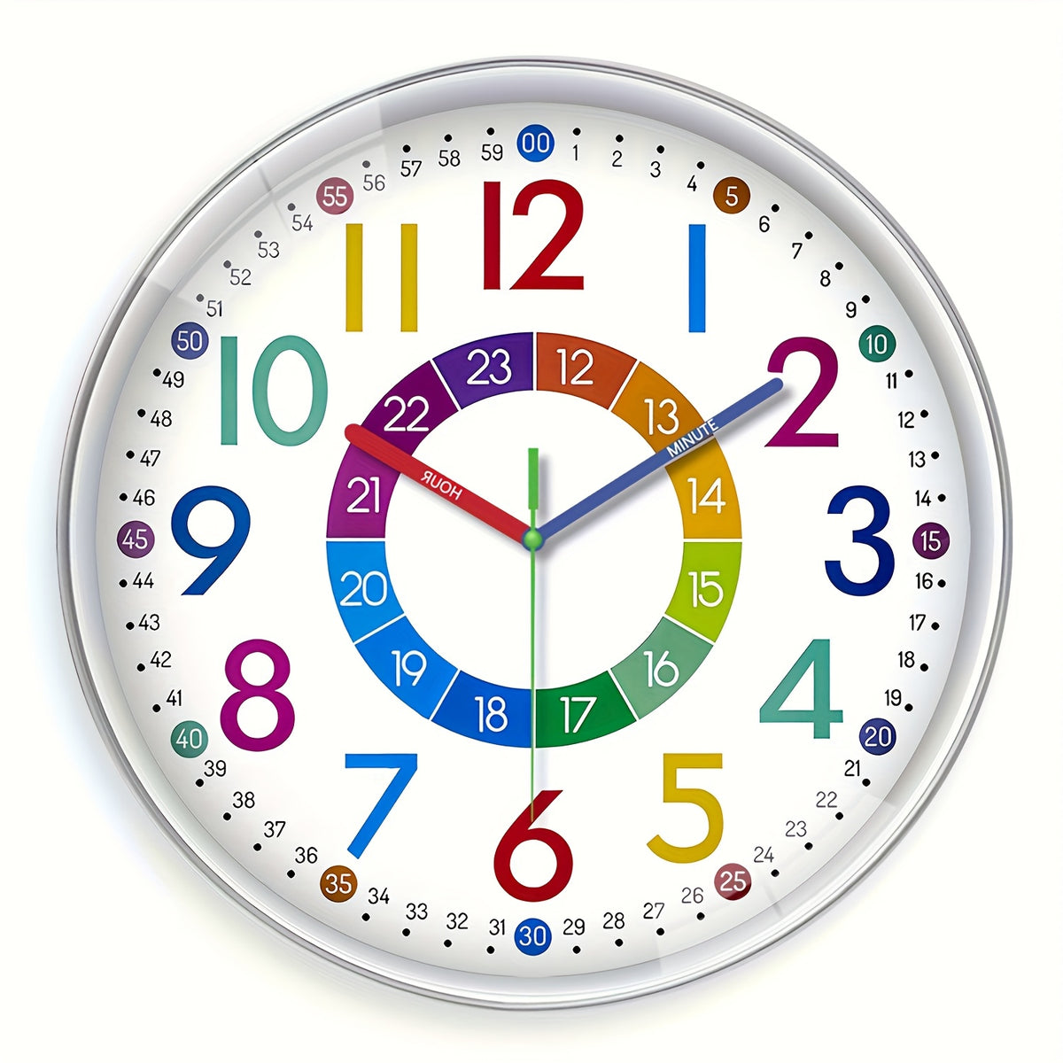 8-12 Inch Color Learning Wall Clock, Learn How to Tell The Time, Japanese Silent Quartz Movement, Plastic Frame, AA Battery Powered, Suitable for Bedroom, School, Teacher Decoration, Educational Teaching Auxiliary Supplies, Holiday Gift