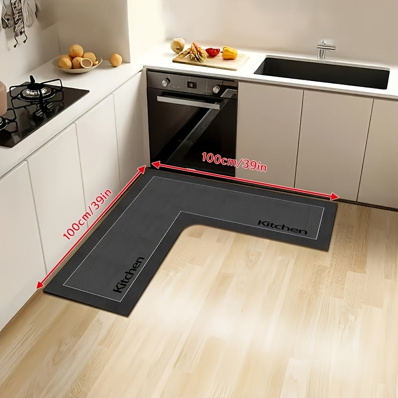 Kitchen mat with "Kitchen" text - Non-slip backing, ultra-soft microfiber, striped and solid colors, irregular shape. Suitable for entryways and dining area entrances - Easy to clean home decor, modern kitchenware style, machine-made for durability