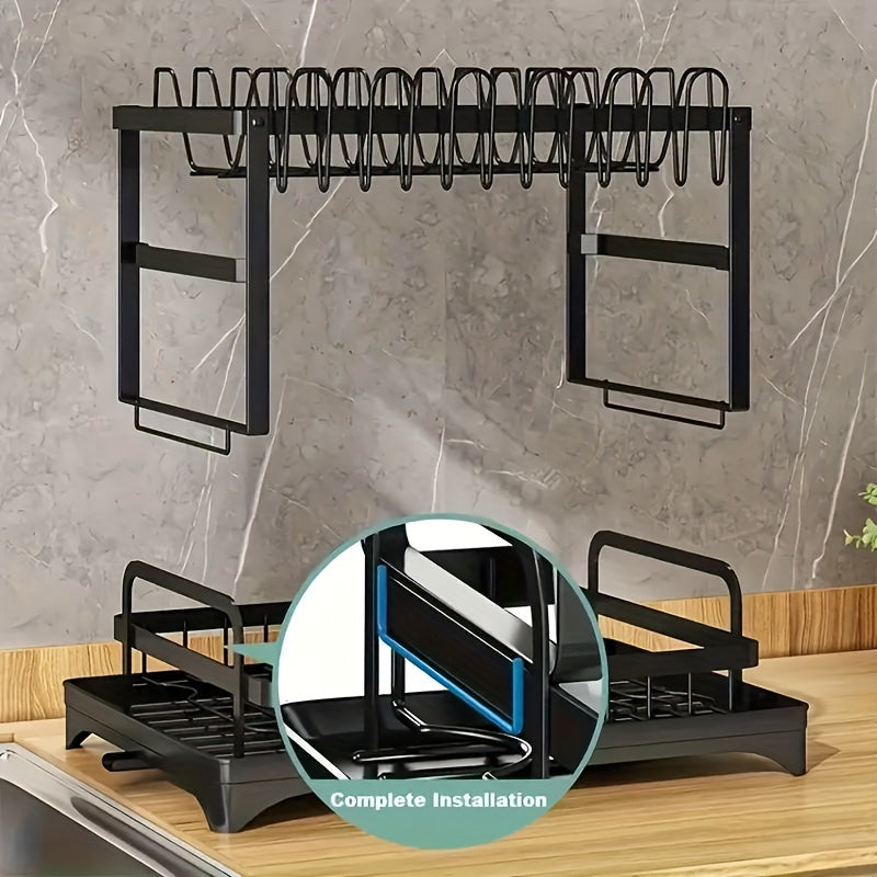 2 Tier And 1 Tier Dish Drying Rack for Kitchen Counter, Dish Drainers for Kitchen Counter with Drainboard, Metal Kitchen Dish Rack with Drain, Kitchen Drying Rack Two Tier, Black Dish Racks, Spoons And Fork