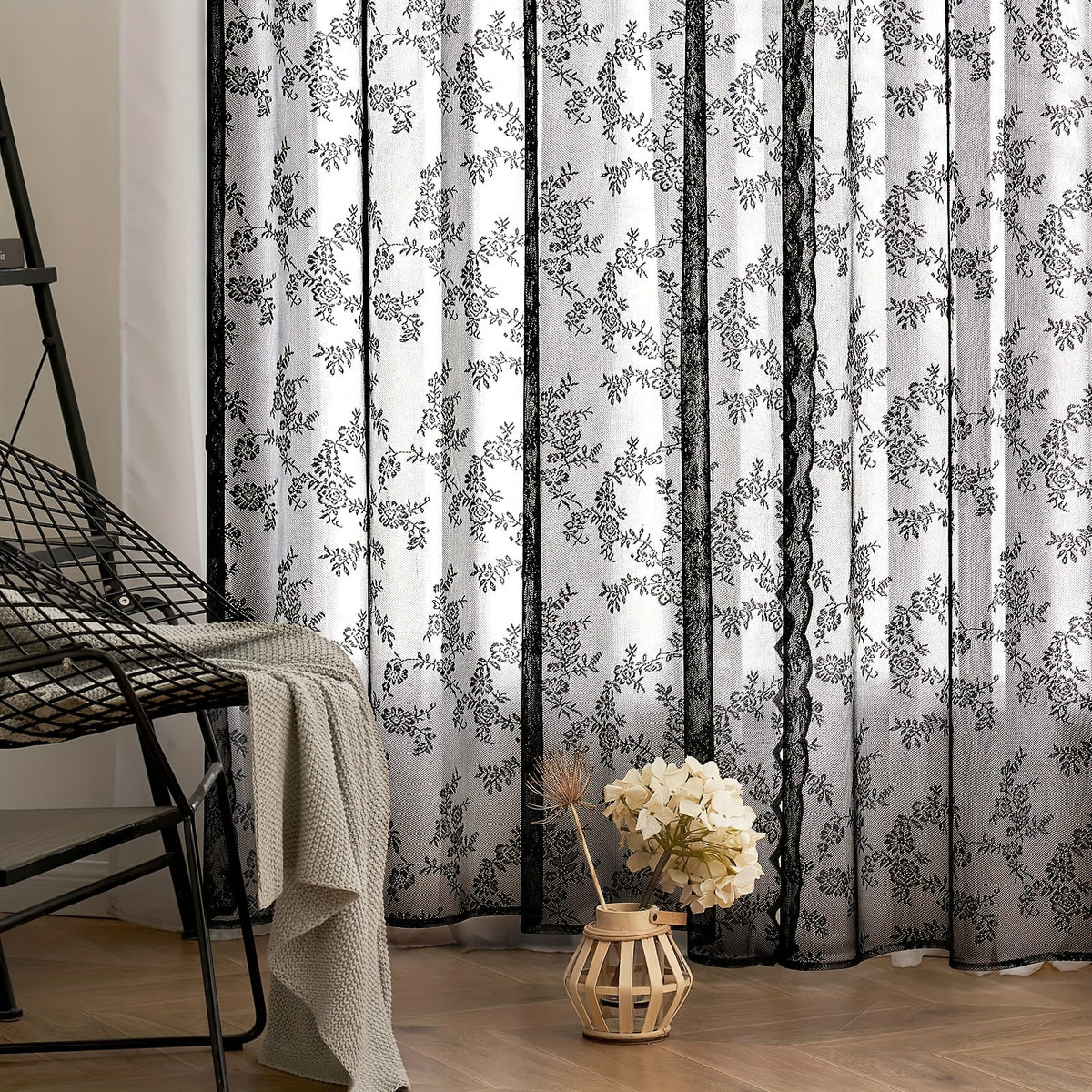 Romantic Pastoral Lace Sheer Curtain for Balcony and Office, Translucent Window Drapery with Floral Pattern, Machine Washable Polyester, Rod Pocket Design - 1pc