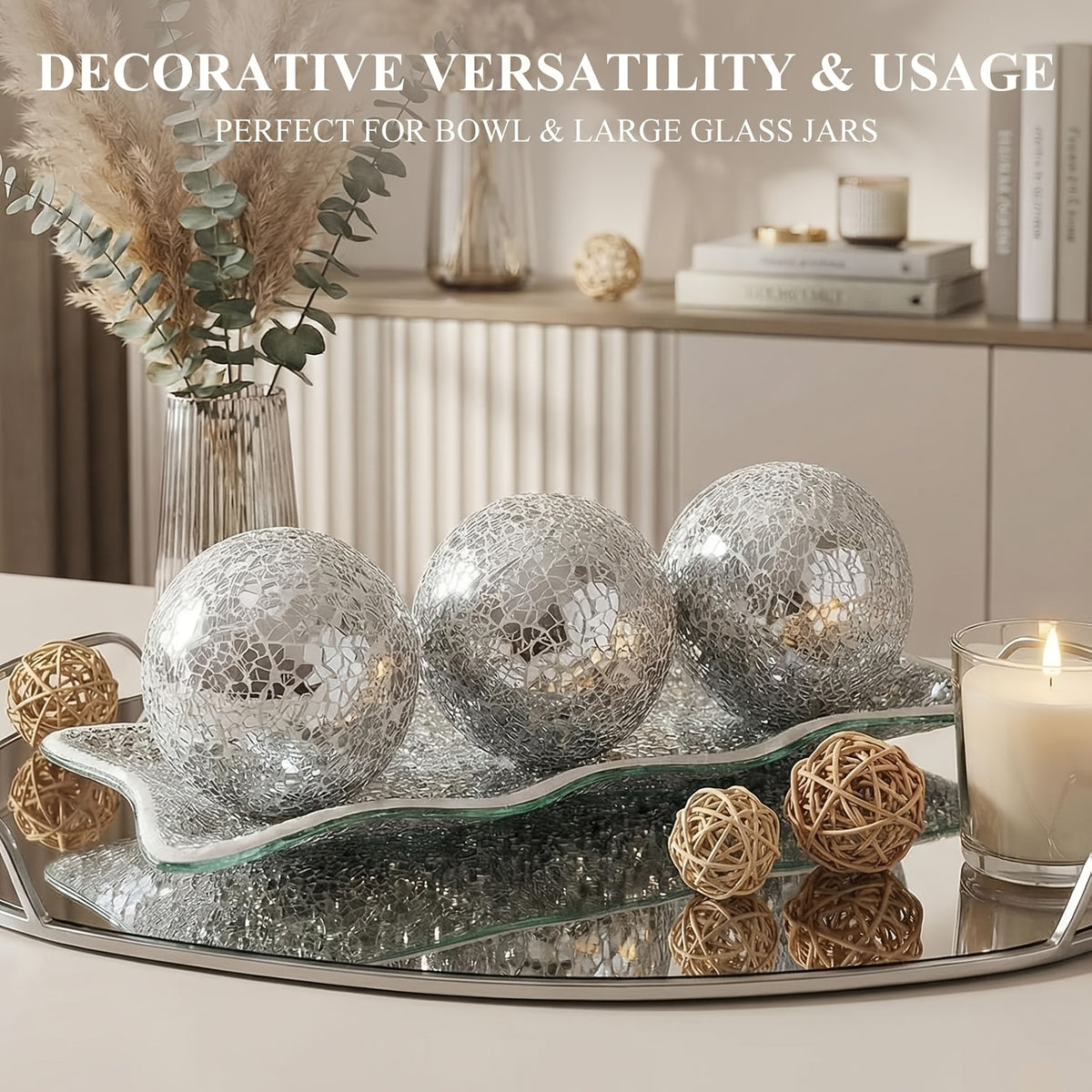 Decorative Balls for Bowls, 3 Decorative Glass Balls And 1 Glass Tray 3-Inch Centerpiece Table Decorations Bowl Fillers for Home Decor, Living Room, Dining, Coffee Table Decor (Silver/Turquoise/Black)