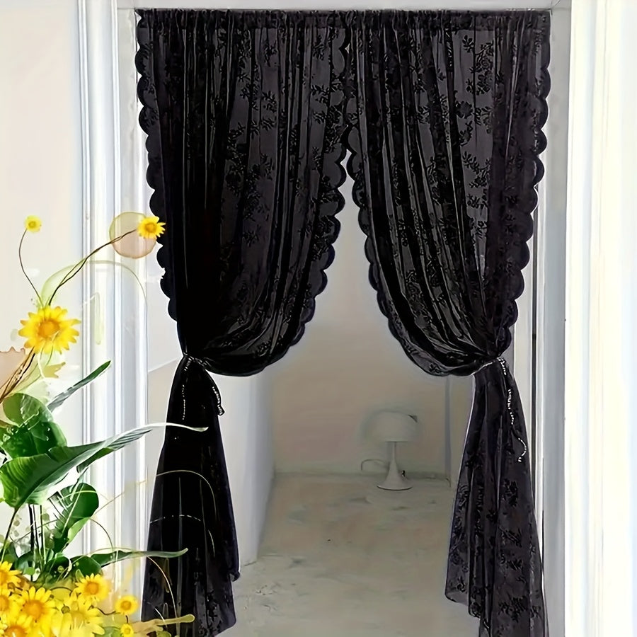 1pc White Lace Door Curtain with Wave Edge, Semi-Sheer Polyester Rod Pocket Curtain for Home And Outdoor Use, Vintage Style with Floral Pattern, Semi-Sheer Curtains | Vintage Curtain Design | Embroidered Detailing