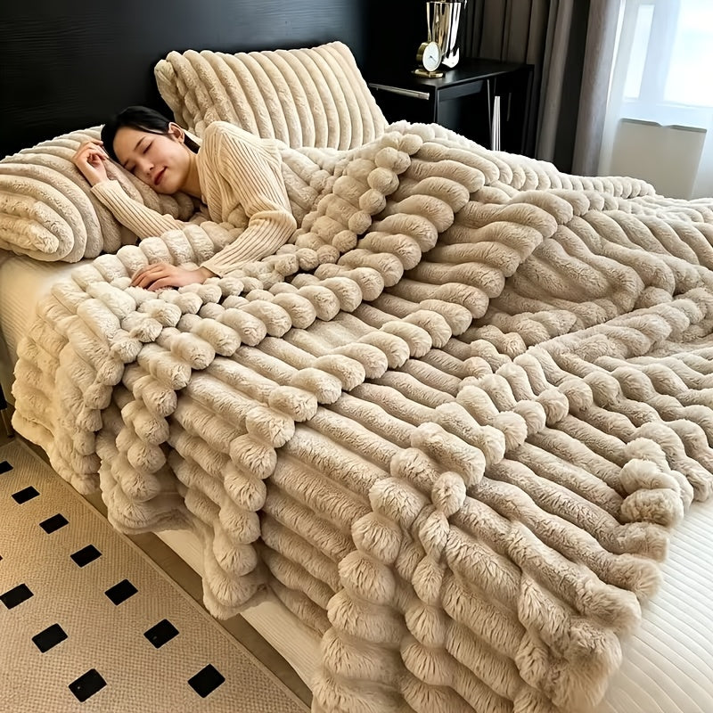 1pc Ultra-Soft 3-D Ribbed Faux Fur Flannel Blanket for Bed, Couch, Sofa, Nap Blanket Air Conditioning Blanket Office Outdoor Camping Blanket for All Seasons, Cozy Throw, High Quality Fleece, All Season Blanket, Gift Ideas for Friends&Family