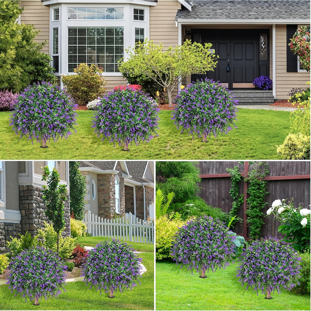Artificial Lavender Topiary Ball Trees, 2-Pack 23.6-Inch UV-Resistant Faux Plants with Ground Spikes for Outdoor Front Porch, Patio and Garden Decor