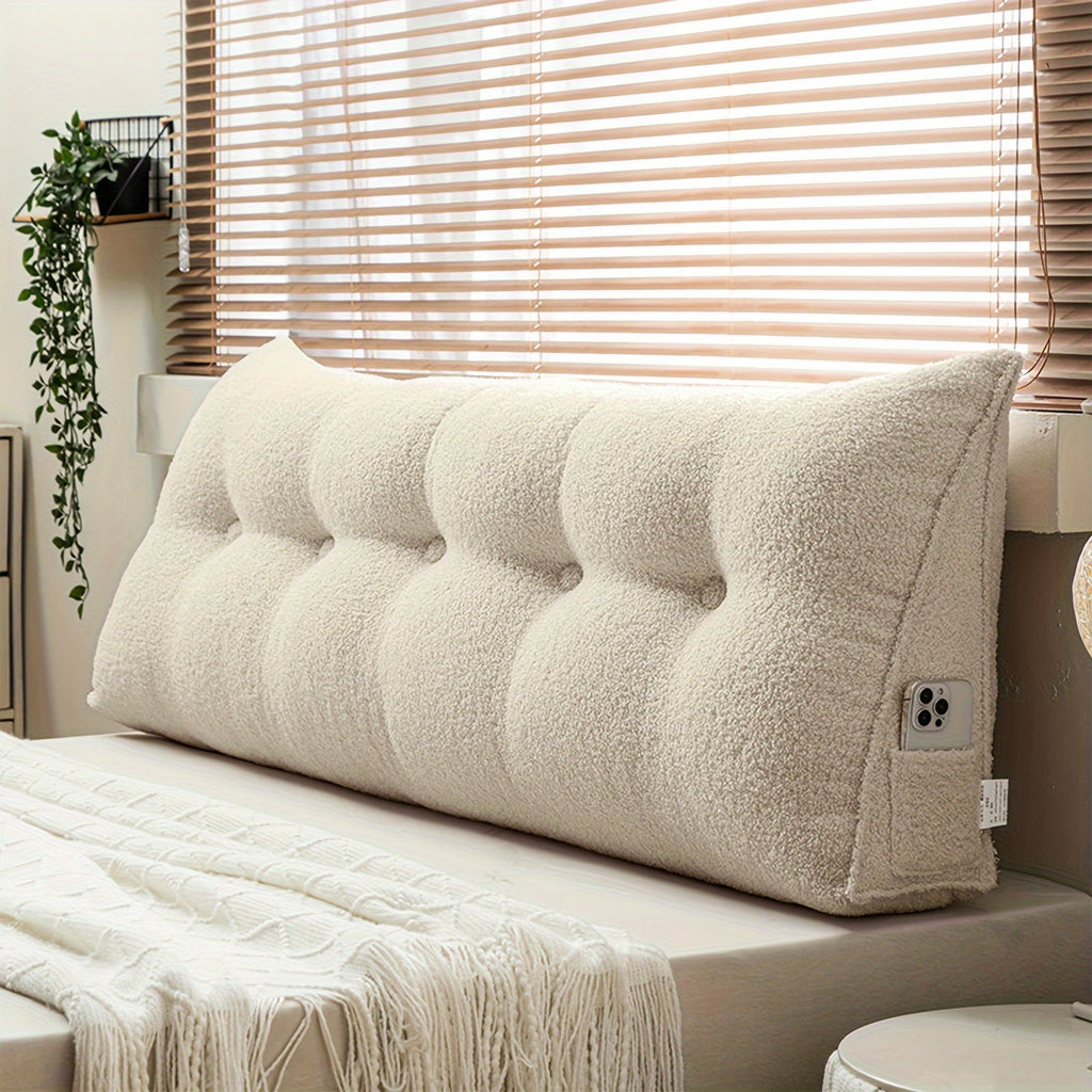 Headboard Reading Pillow, Triangular Teddy Velvet Backrest Cushion with Side Pocket and Removable Washable Cover for Twin, Queen and King Beds
