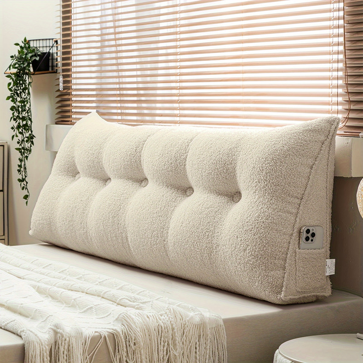 Headboard Reading Pillow, Triangular Teddy Velvet Backrest Cushion with Side Pocket and Removable Washable Cover for Twin, Queen and King Beds