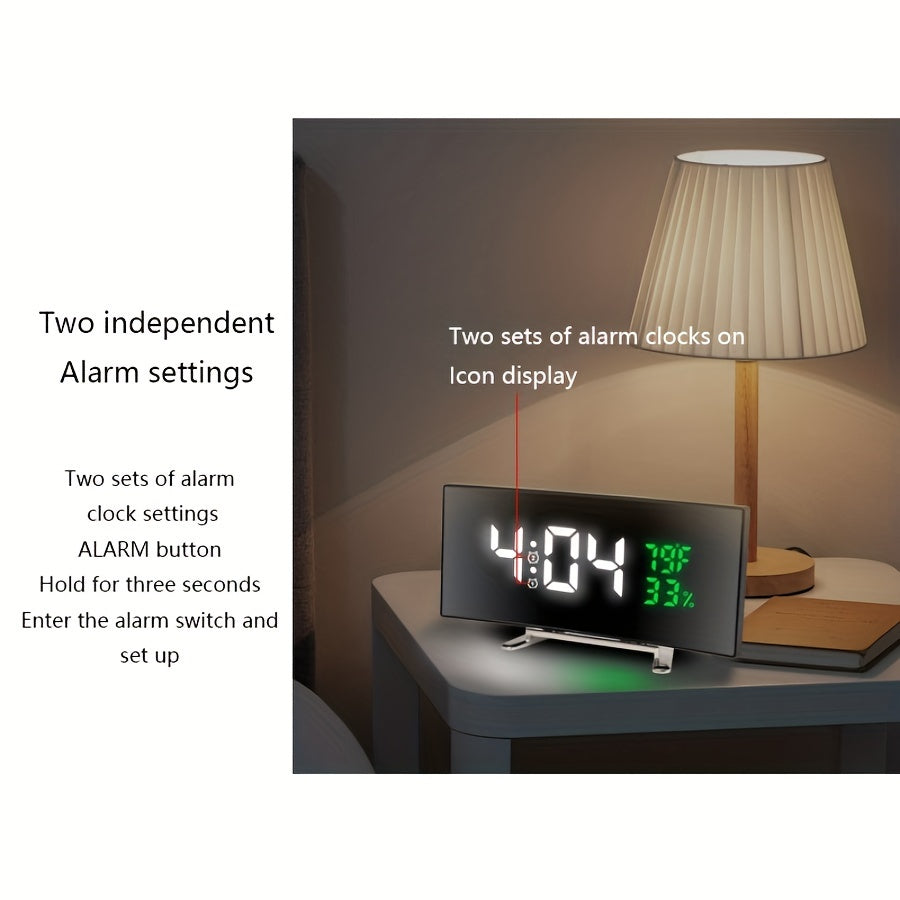 1pc 6.6-Inch Multifunctional LED Alarm Clock with Curved Large Screen Display - Desk Clock Can Show Time, Temperature, and Humidity, Plug-In Use/ Three-Section Seven Battery (Only Battery Use Screen Will Automatically Turn Off)
