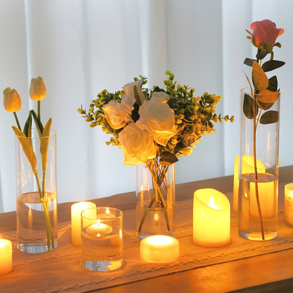 TOMNK 12/20/24pcs Clear Cylinder Glass Vases, Includes 4/5 Sizes, Tall Boho Style Decorative Clear Vases for Wedding Centerpieces, Rustic Home Decor, Formal Dinners Centerpieces, Party Events Floating Hurricane Candle Holder Vases