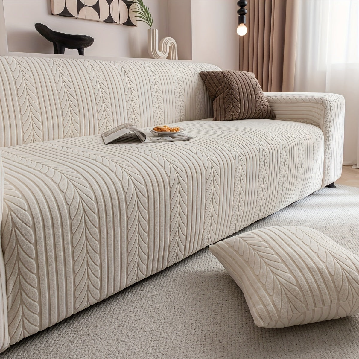 1pc Striped Sofa Cover - Washable, Stretchable, Scratch-Resistant & Non-Slip All-Season Sofa Protector, Fits 1-4 Seater Sofas, White Textured Fabric with Sawtooth Pattern, Perfect for Living Room Decor & Furniture Protection | Durable Protection