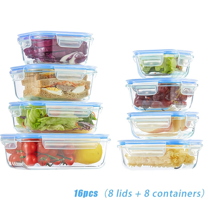 16pcs Sealed Glass Food Storage Containers, Lunch Boxes, Microwave Ovens, Ovens - Perfect For Salads, Fruits, Vegetables, And Sandwiches, Lunch Boxes | Sealed Storage | Durable Glass, Food Storage Containers (8 Lids+8 Containers)