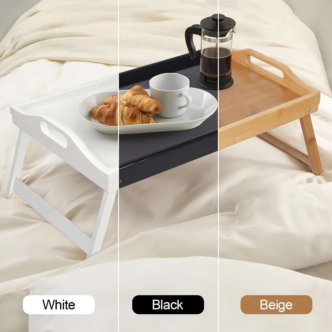 2pcs Bamboo Breakfast Tray with Folding Legs & Handles - Extra Wide Stable Food-Safe Bed Tray Table for Eating, Working, Drawing - Portable Foldable Design for Sofa, Bed, Lazy People, Bedside Table | Natural Look | with 10pcs Paper Plates