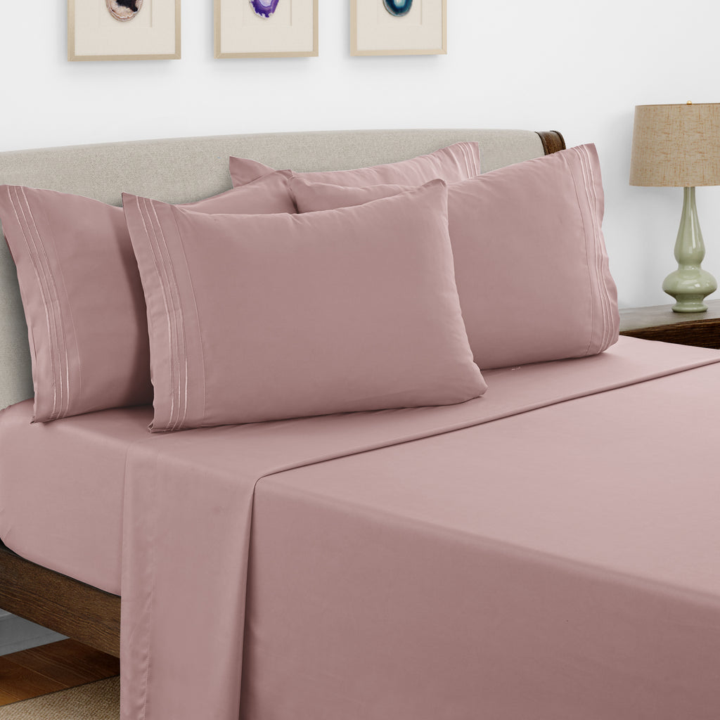 Lux Decor 6 Pieces Solid Bed Sheets Set - Modern Soft Comfortable Bedding Set, Hotel Luxury Skin Friendly Cooling Sheets & Embroidered Pillowcases Without Filler - All Seasons Bed Sheet with 16 Inches deep Pocket, Breathable Skin Friendly & Cooling Sheets