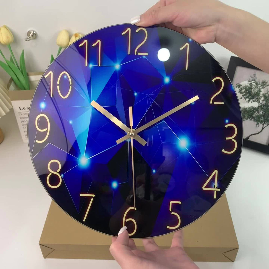 Large Modern Blue Glass Wall Clock - Dark Blue Accessories, 12-24 Inch Silent Quartz Clock, Battery-powered, Suitable for Living Room, Bedroom, Office Decorative Clock, Housewarming Gift, Home Decoration, Fantasy-style Design
