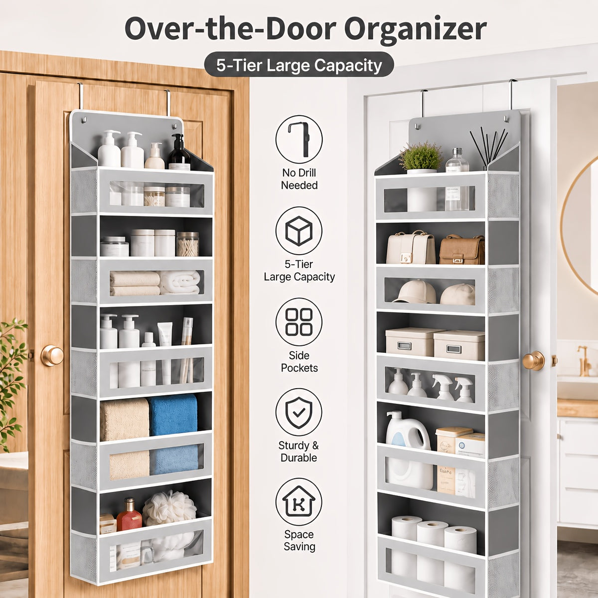 [5-Tier Storage Box] Door Storage Box, Hanging Door Storage Box with 5 Large Capacity Pockets | Anti-tilt 44 Pound Load Back Of Door Storage Box for Bedroom, Bathroom, Pantry, Room Storage And Collection Use Over The Door Pantry Organizer