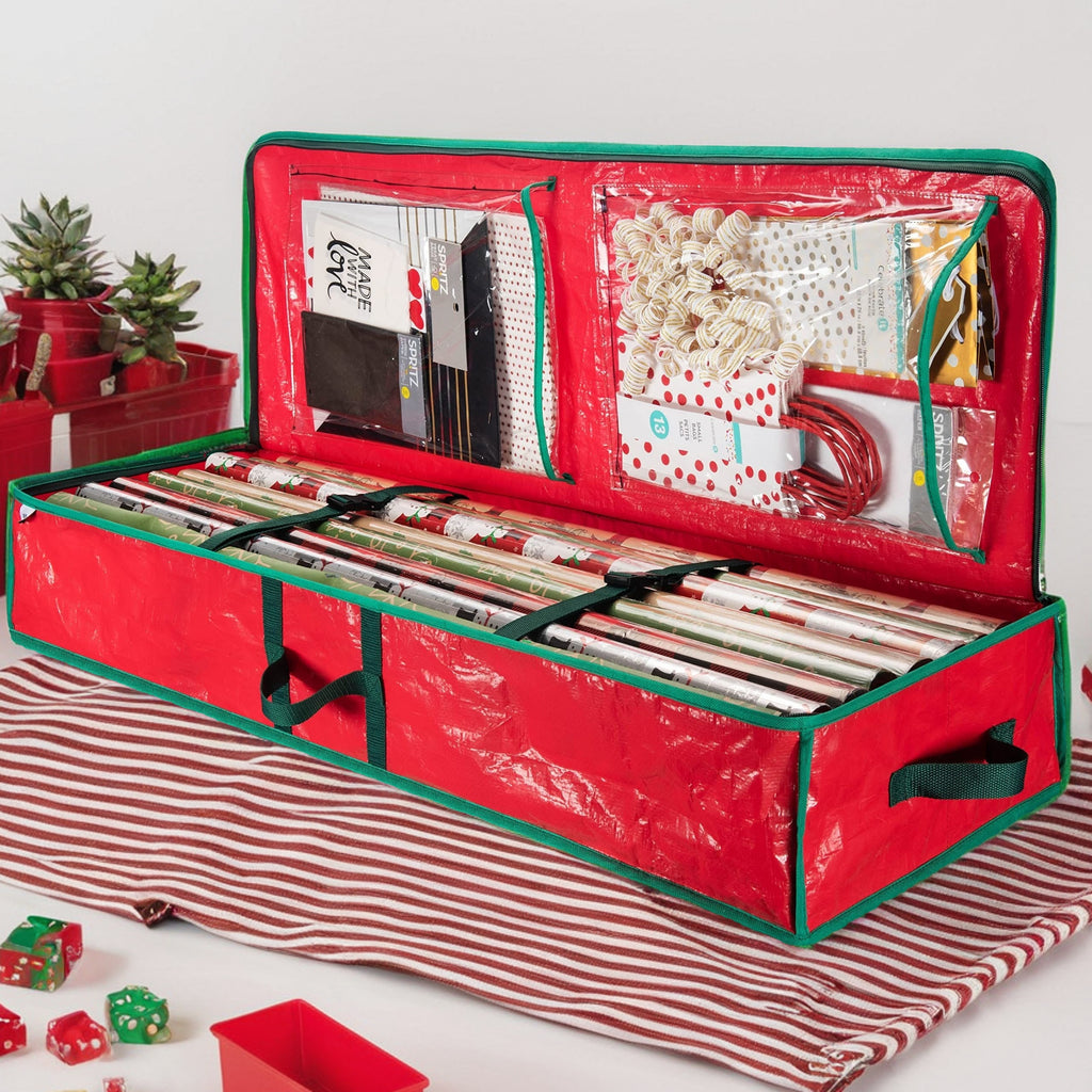 Wrapping Paper Storage Bag, 40 Inch Plastic Underbed Holiday Organizer with Interior Pockets and Zipper Closure in Red or Green for Seasonal Supplies