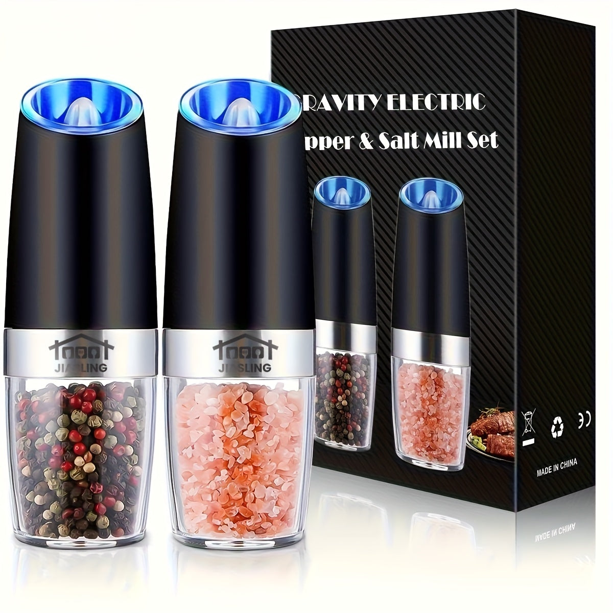 2pcs Gravity-powered Electric Salt and Pepper Grinder Battery-powered LED Light One-handed Automatic Operation Adjustable Coarse Grinder Grinder Black Rocking Chair Creative Kitchen Gadget Gift Battery-powered to Choose