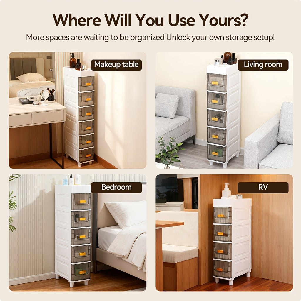Deluxe Slim Storage Cabinet with Drawers - Durable Waterproof PP Material, Multi-Purpose Organizer with Ample Storage for Bathroom, Kitchen, Personal Care Product Dispensers, and More - Ideal for Small Spaces, Storage Drawer Units