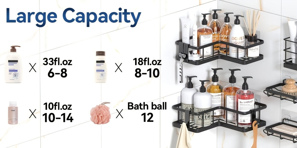 Shower Corner Storage Set, 5-Pack No-Drill Rustproof Bathroom Caddy Shelves with Soap Holder and 4 Removable Hooks for Shampoo and Toiletries