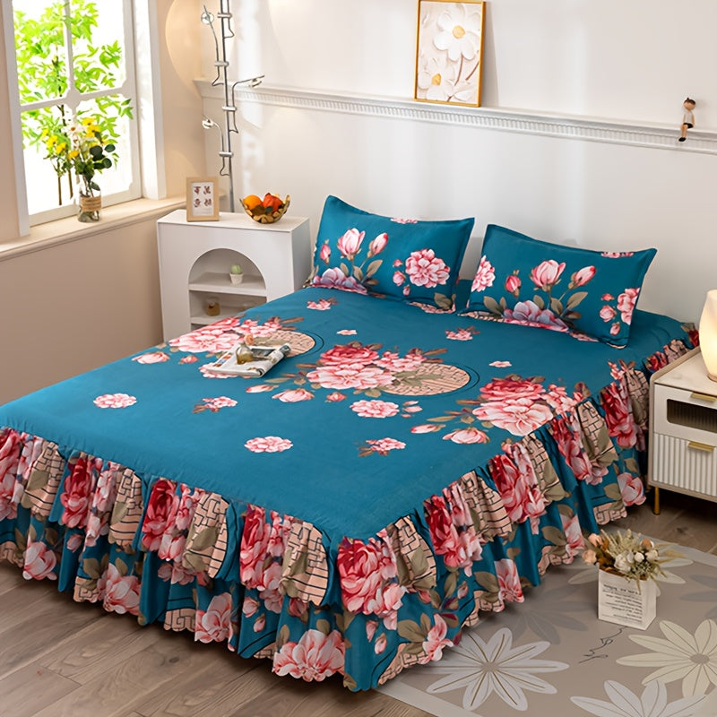Set of 3 (1 Bed Skirt And 2 Pillowcases) Featuring a Double-Layered Hem, Adorned with a Plant And Flower Design. Includes a Dust-Proof Hem, Bed Sheet, Bed Cover, And Mattress Protector, All Machine Washable