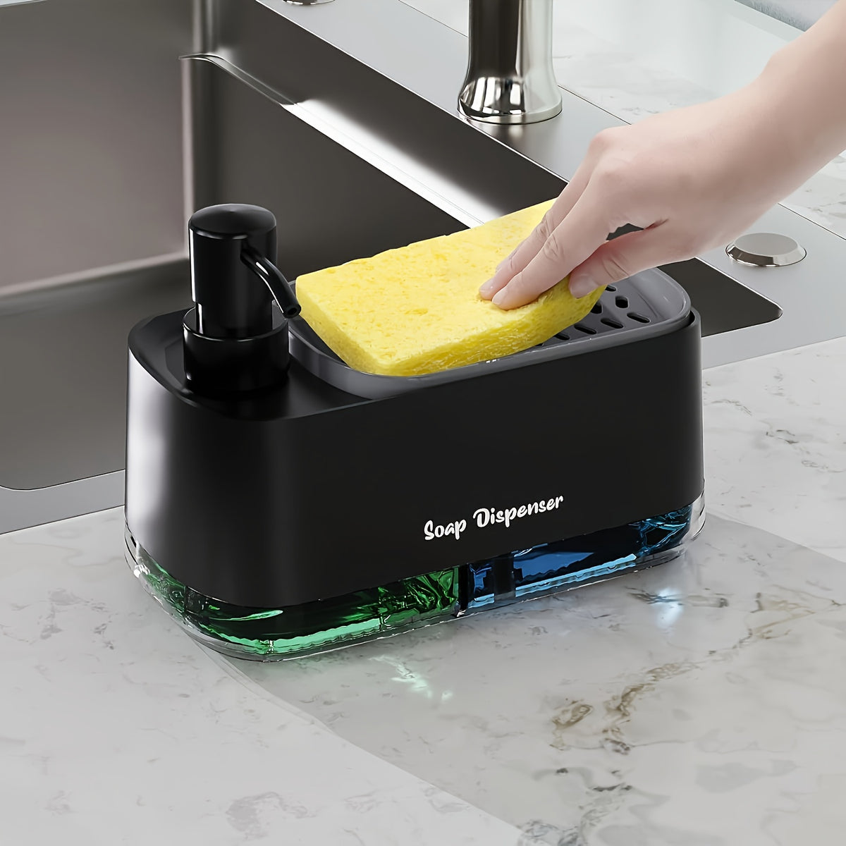1 Multi-functional Soap Dispenser with Built-in Sponge Holder - Hand And Dish Soap Dispenser Set Detergent Dispenser Sponge Holder 2-In-1 Countertop Soap Pump Dispenser for Kitchen Sink, Ideal Christmas/ Halloween Gift.Shipment From Local Warehouse.