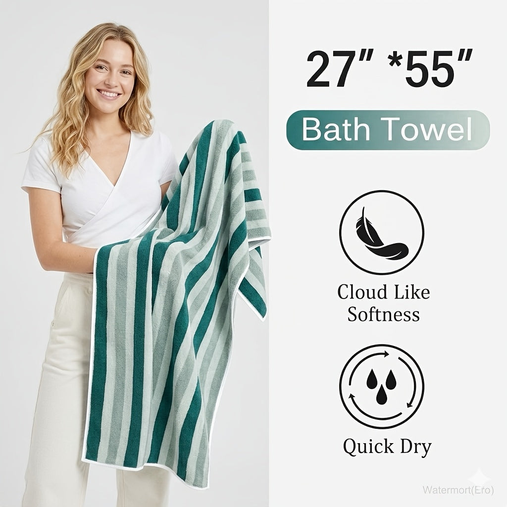 1/4 Or 5pcs Bath Towel Set with Bath Loofah, Highly Absorbent And Quick-Drying | Ultra-Soft Microfiber Beach Towels for Adults, Two-Color Striped Interval Bath Towels Perfect for The Beach, Spa, Gym & Home Bathroom Essentials - 27 X 55 Inches