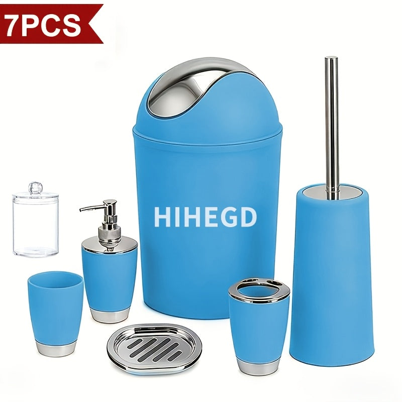 7pcs Luxury Bathroom Accessory Set - Premium Quality, Modern Style - Complete with Trash Can, Toilet Brush, Lotion Dispenser, Soap Dish, Mouthwash Cup & Toothbrush Holder - Space-Saving, Easy to Clean, Ideal for Bathroom Decor And Housewarming Gifts