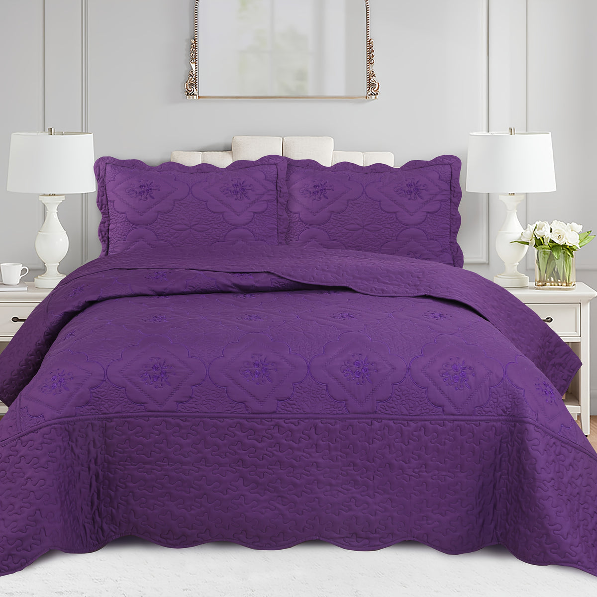 3pcs Exquisitely Crafted King/ Queen Size Quilted Bedspread Set with Intricate Floral Embroidery - 100% Polyester, Wrinkle - Resistant, Lightweight, Perfect for Adding A Touch of Elegance To Your Bedroom Decor