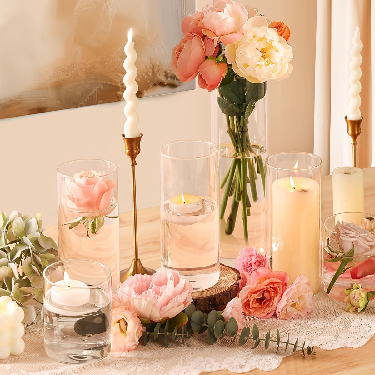 TOMNK 12/24pcs Glass Cylinder Vase 4, 6.8, 9, 12 Inch Glass Candle Holder Clear Vases for Centerpieces Tall Flower Vase for Wedding Home Decor Party 4 Different Sizes, Suitable for DIY Candle Making