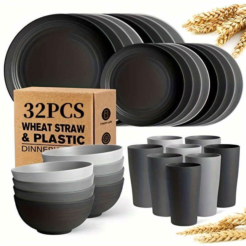 32/16pcs Wheat Straw Tableware Set, Round Plates, Dessert Plates, Bowls And Cups, Unbreakable Plates And Bowls Set, Service for 8/4, Dishwasher Safe, Durable And Lightweight And Easy-Clean for Kitchens, Rvs, Camping, And Outdoor Use