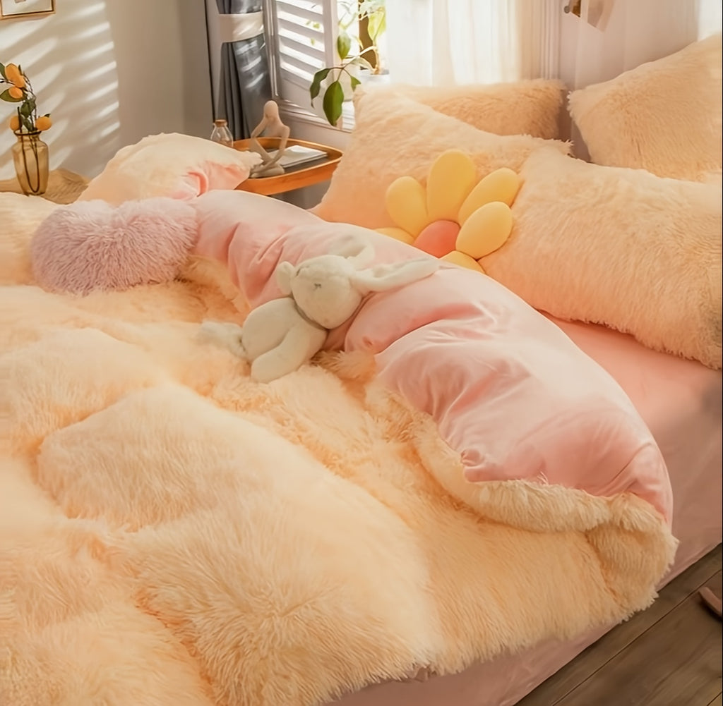 4pcs Fluffy Comforter Cover Set Queen King, Soft Plush Duvet Cover Set with Pillow Shams, All Season Cozy Bedding, No Insert