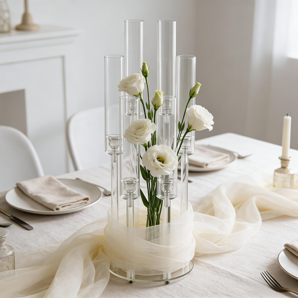 2/4/10/12/20pcs Christmas Acrylic Candleholders For Wedding Bulk, 26.8in Clear Candelabra 6 Arm Candlestick Candle Holder Acrylic For Home Decoration, Party Table Center, Valentine's Day, Anniversary