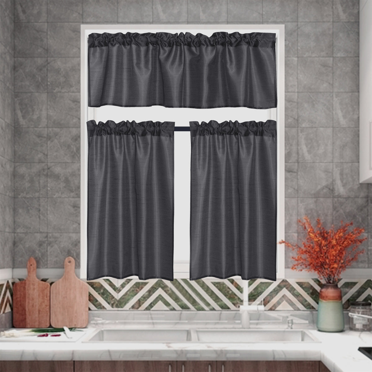 3 Panels Faux Silk Solid Color Sheer Kitchen Curtains Set Rod Pocket Design with 2 Tiers 26x36 inch Each and 1 Valance 52x14 inch for Kitchen Bathroom Privacy Drapes and curtains