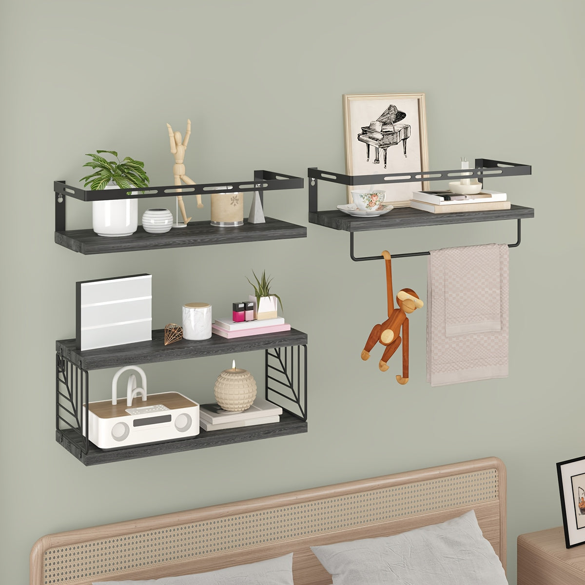 TOMNK 3+1 Tier Wall-Mounted Shelf with Black Metal Guardrails and Storage Baskets, Sturdy and Durable, Space-Saving, Multi-Functional Home Decor, Suitable for Kitchen, Bathroom, Bedroom, Living Room, Small Indoor Spaces, Wall Decoration