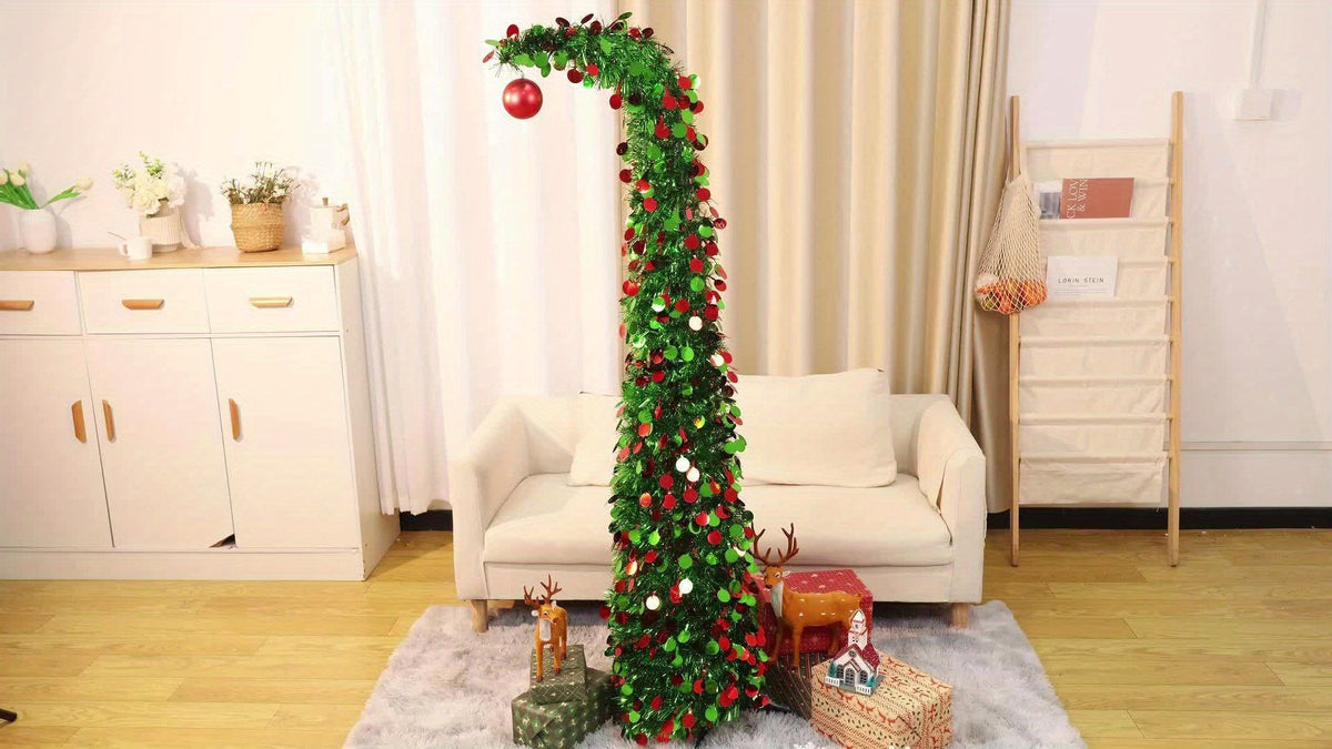 Pop Up Pencil Christmas Tree, 5 ft Collapsible Artificial Sequin Holiday Decor with Easy Assembly and Storage for Indoor Living Rooms and Winter Parties