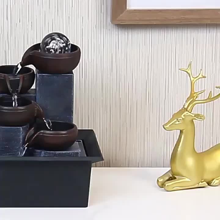 New Desktop Fountain, 4-Level Desktop Waterfall, Meditation Fountain, Indoor Fountain, Office And Home Relaxation, Desktop Fountain Pool, LED Lights, Fixed Decorative Bubble Balls (With Natural River Stone Decoration Included)