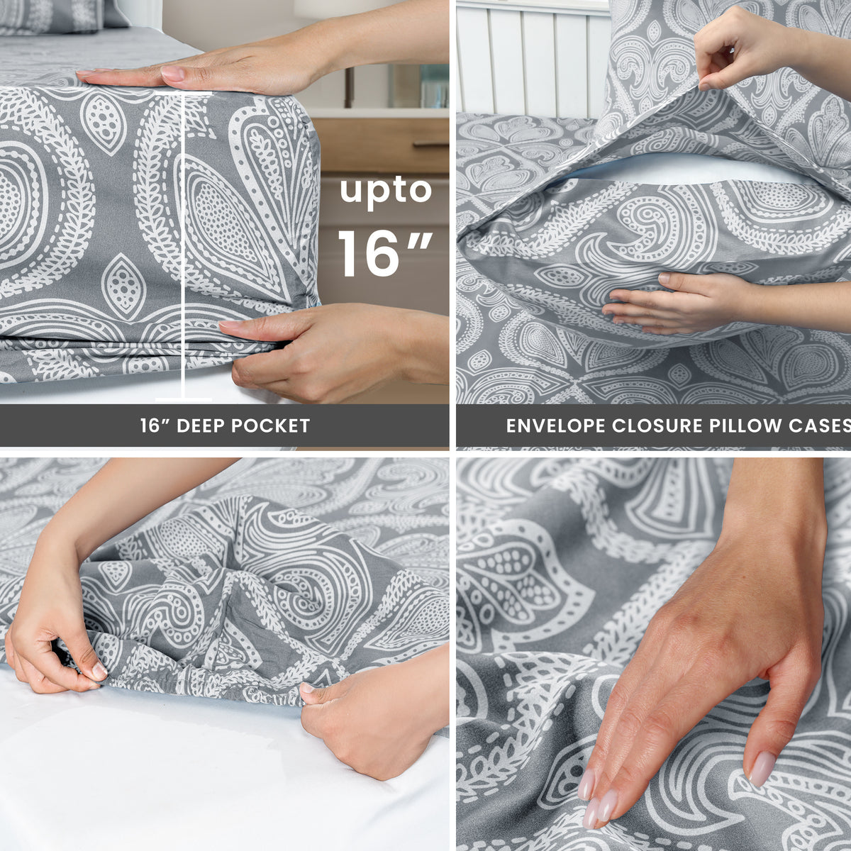 Paisley Bed Sheet Set, Soft Double Brushed Microfiber Bedding with 16-Inch Deep Pocket Fitted Sheet and Pillowcases in Six Sizes for Bedroom Comfort