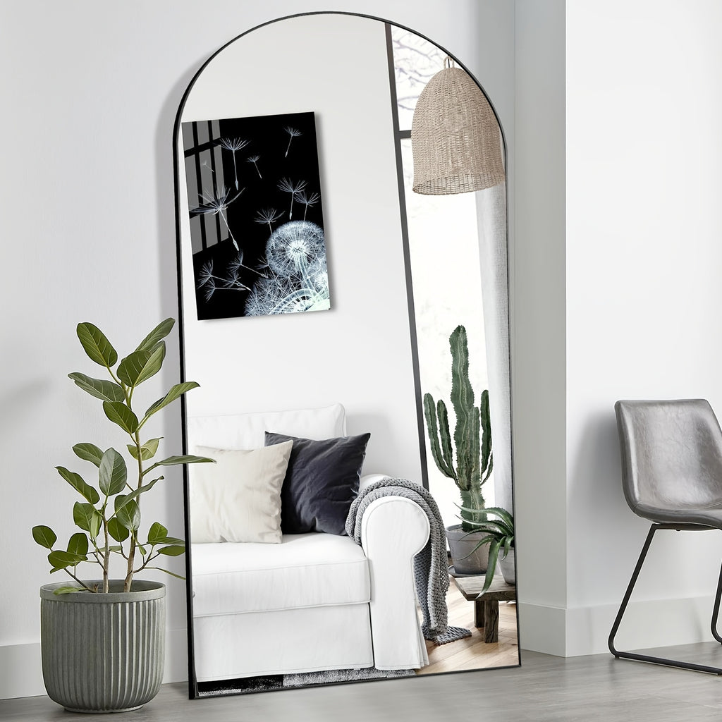 Full Length Dressing Mirror with Stand and Hanging Hardware, Arched or Rectangular Steel Alloy Frame in Black or Gold for Bedroom and Entryway