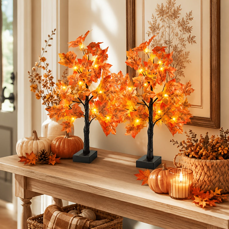 2pcs Thanksgiving & Autumn Table Lamps, 21.26 Inch Tree Lights Decorated with Fall Maple Leaves, Artificial Decor Trees with 24 Battery-Powered LEDs, Ideal for Indoor Spaces, Home Rooms, Balconies, Holiday Events And Halloween Parties