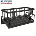 Sink Sponge Drain Rack with Dishcloth Bar, Black Kitchen Countertop Caddy with Drip Tray for Dish Soap, Scrubbers, Brushes and Cleaning Cloth Storage