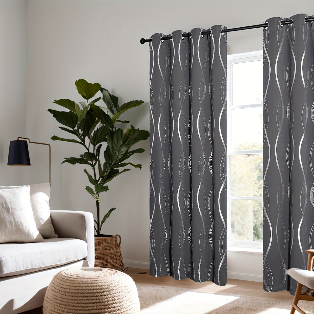 Blackout Curtains 2 Panels Set for Bedroom/Living Room, Noise Reducing Thermal Insulated Wave Line Foil Print Drapes for Patio Sliding Glass Door
