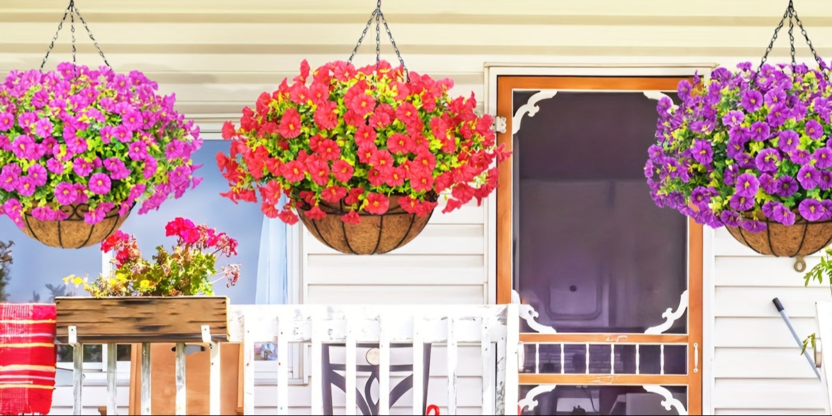 Artificial Hanging Petunia Flowers with Container, UV-Resistant Plastic Faux Floral Decor in Multicolor or Purple for Porch, Patio, Garden and Balcony