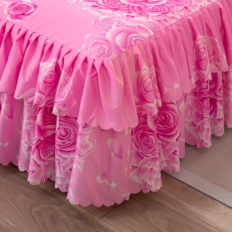 Set of 3 (1 Bed Skirt And 2 Pillowcases) Featuring a Double-Layered Hem, Adorned with a Plant And Flower Design. Includes a Dust-Proof Hem, Bed Sheet, Bed Cover, And Mattress Protector, All Machine Washable